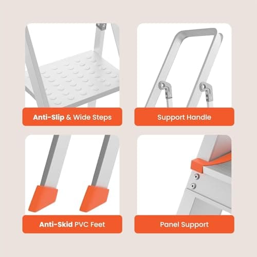 LALCO 5 Step Foldable Aluminum Step Ladder with Anti-Slip Steps & Rubber Feet | Heavy-Duty Portable Ladder for Home, Kitchen, Office & Indoor Use (5 Steps) 5