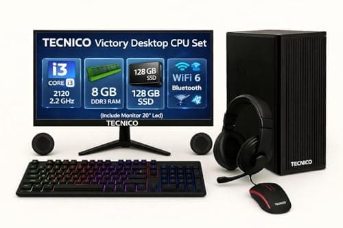 TECNICO Victory Desktop CPU Set, Core I3 2120 2.2GHz, 8 GB DDR3 RAM, 128 GB SSD, RGB Keyboard Mouse Set, WiFi 6, Bluetooth, Speakers, Headphone (Include Monitor 20" Led)