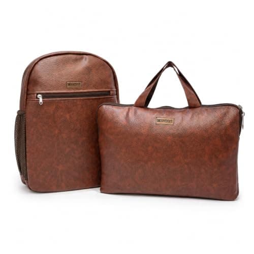 Swayam Premium 2-Piece Vegan Leather Backpack & Laptop Sleeve Combo | Water-Resistant Travel Backpack with Front Zip Pocket & Multi-Purpose Laptop Carry Bag | Brown