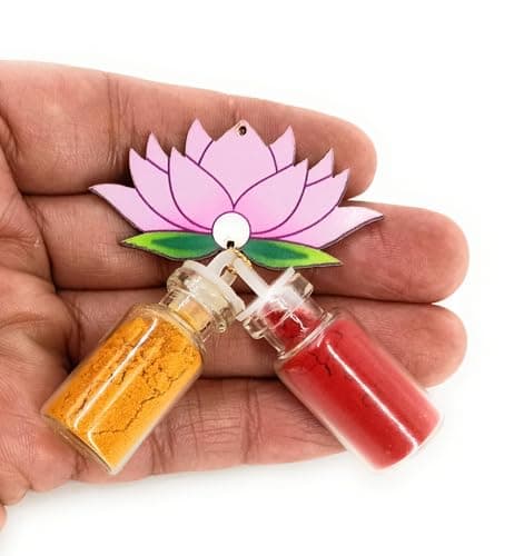 Sau Rang India Roli Haldi Gift, Pasupu Kumkum Gift Set in mini Glass Bottle | Thamboolam Return Gift for Wedding, Pooja, Diwali, Rakhi, Navratri, onam, pongal (Lotus Design mini 2ml Bottles), 20 pcs 3