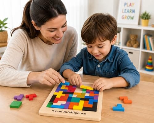 Wooden Russian Blocks Puzzle for Kids & Adults, 40 Pcs Multicolor Wood Tangram Brain Teaser, Educational Shape Sorting Puzzle Toy for Ages 3+ Years 2