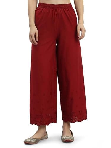 GO COLORS Women Cotton Hakoba Palazzo Ankle Length, Floral Embroidery, Relaxed Fit, Mid-Rise, with Side Pocket Light Maroon