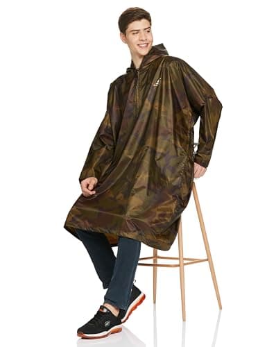 Amazon Brand - Symactive Lightweight Water-Resistant Reusable & Packable Hooded Poncho Rainwear/Raincoat | 100% Polyester With Seam Sealed Hood & Pvc Coating | Unisex (Free Size, Camo), Knee Length 3