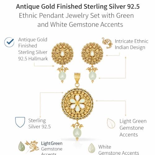 KANISHK JEWELLERS Antique Gold Finished Sterling Silver 92.5 Ethnic Pendant Jewelry Set with Green and White Gemstone Accents 2