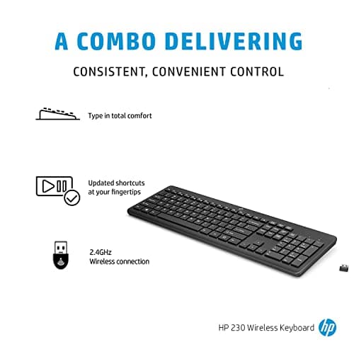 HP 230 Wireless Black Keyboard with 2.4GHz connectivity up to 10m, 12 Function Keys and 16-Month Long Battery Life. 3-Years Warranty.(3L1E7AA) 2