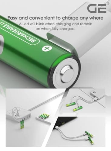 GE® AAA Rechargeable Batteries (Lithium 1.5V - 600 mWh) - New Launch in 2026 | Fast Charge (Direct USB‑C + Wireless) | Pack of 2 Batteries | 10 Years of Life and 1 | 500+ recharges | 3 Year Warranty 2
