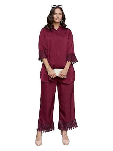 TITTLI Women's Satin Fabric Tunic & Trouser Co-Ord Set (Maroon, L)