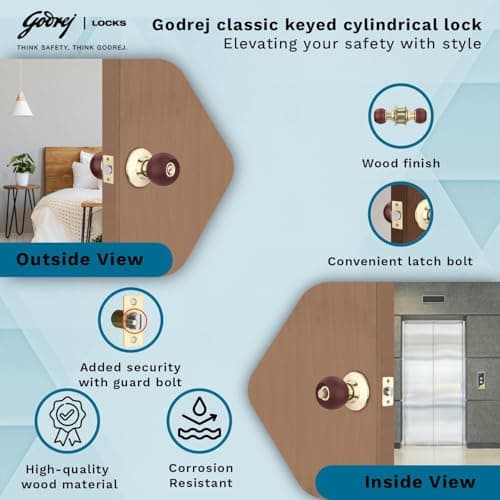 Godrej Locks classic wooden,Brass cylindrical 5809 with 3 keys (brown, Polished Finish,Pack of 1) 3