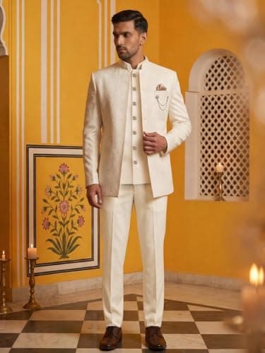 Jompers Cotton Blend Textured Indo-Western Set (White, M) 4