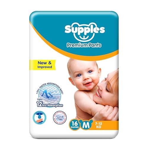 Amazon Brand - Supples Premium Baby Diaper Pants | 16 Baby Diapers | Medium | 7-12 Kg | 12 Hrs Absorption | Cushiony Cotton Soft Fabric | Phthalates-Free | Triple Leak Guard