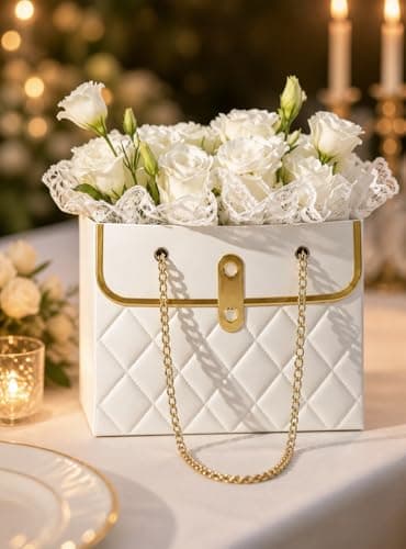 SATYAM KRAFT 3 Pcs Gift Hamper Bag with Chain Handle | Folding Reusable Decorative Packaging Bag for Her/Him Wedding Return Gifts, Festivals Events, Party Favours,Corporate Gifting (White)