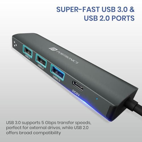 Portronics Mport Edge,5 Ports Dual USB Hub Dock, Superfast USB 3.0, High Speed 2.0, Type-C 5V2A Port, 100 Mbps RJ45 Ethernet, Versatile & High-Speed Connectivity Hub for Laptops & Desktops (Grey) 3