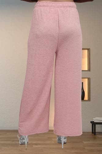 Women’s Palazzo Pants – Ribbed Crinkle Knit Wide Leg Trousers with Elastic Waist, Side Pockets, Soft Stretch Fabric, Casual Office Lounge Everyday Wear 5