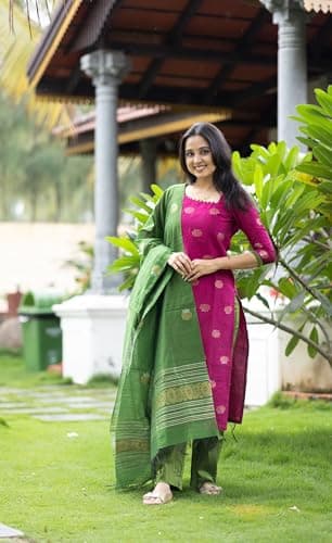 Women's Beautiful Kanchi Cotton Salwar Suit And Zari With Zalar Work kurti Set with Round Neck,Short Sleeve 3-Piece Traditional Kurti set For Any Occasion (IN, Alpha, 2XL, Regular, Women, Rani Pink) 2
