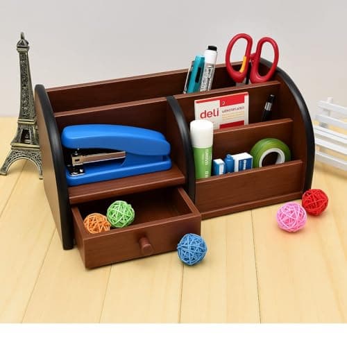Wooden Desk Organizer with Drawer & Multiple Compartments for Office, Study Table, Pen Stand, Stationery & Accessories Holder (Brown & Black) 2