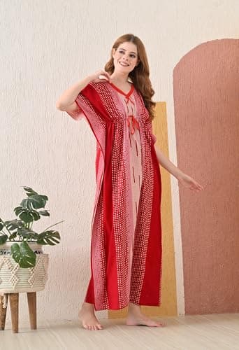 San Apparels Cotton Kaftan Nighty for Women – Soft 100% Cotton Night Dress with Floral Print, Free Size, V-Neck, Adjustable Drawstring – Summer Sleepwear, Maternity Loungewear, Feeding Gown Red 4