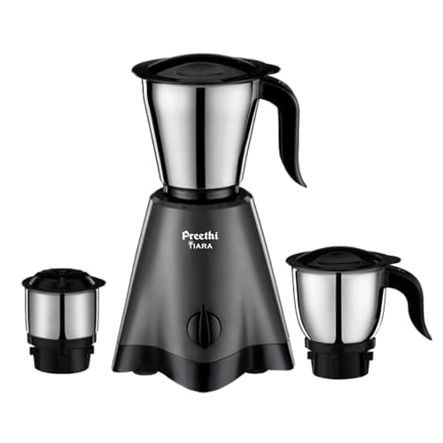 Preethi Tiara 500 Watts Mixer Grinder, 3 Jars (Stainless Steel), Perfect for Grinding Masalas, Chutneys and Purees, 2 Year Warranty, Lifelong Free Service, Black