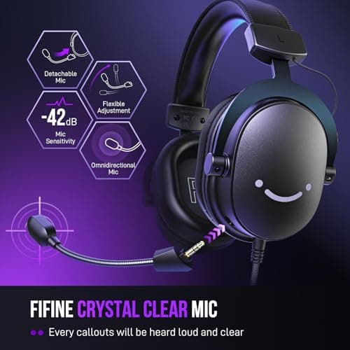 FIFINE Gaming Headset for PC, USB Streaming Headset with 3.5mm Headphones Jack, Detachable Microphone, 7.1 Surround Sound for PS4 PS5, Over-Ear Black Headphone-H9 3