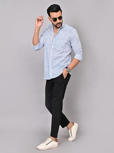 Aaheli Men’s Blue Haze Stripes Cotton Shirt | Handbrush-Style Vertical Blue Stripes, Soft & Breathable Cotton, Regular Comfort Fit Full Sleeve Casual Shirt for Men | L 2