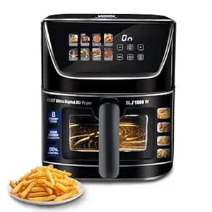 KENT Ultra Digital Air Fryer 5L | 1500W | Bake, Grill & Roast | Up to 80% Less Oil Usage |8 Preset Menu|Rapid Heat Circulation |Digital Display & Touch Control Panel |Glass Window with in built Light