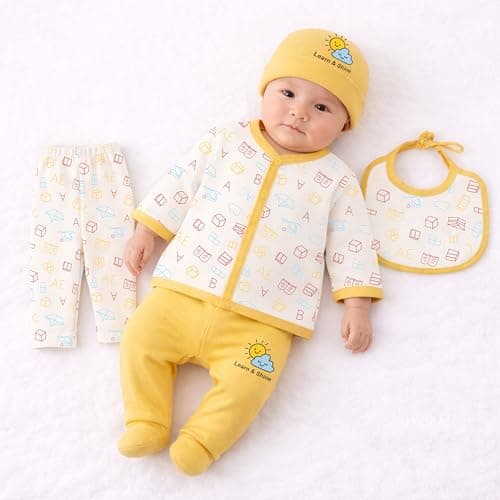 Kidbee Baby Clothing Gift Set for Boys & Girls, 5 Piece Newborn Clothing Combo with Front Open Top, Pajama, Printed Pant, Cap & Bib, Soft Cotton, 0–6 Months Baby (Yellow-CMB-501)