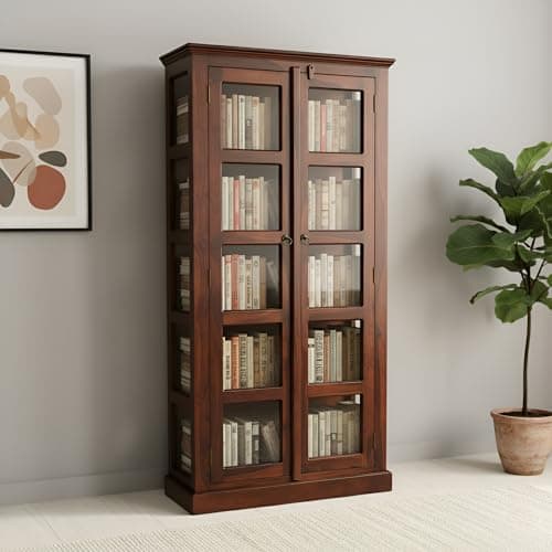 MODERN FURNITURE SHEESHAM Book Shelf Wooden with Door, Bookshelf with Glass Door for Home Library, Solid Wood Bookcase Wooden Crockery Cabinet for Kitchen - Walnut Finish