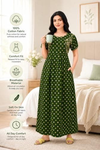 Cotton Nighty for Women | Stylish Maxi Length Night Gown | Soft & Comfortable Nightwear with Pocket | Available in L to 3XL (Olive Floral, XL) 2
