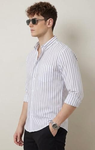 U TURN Men's Casual Printed Striped Stylish Latest Formal Shirt for Men (in, Alpha, S, Regular, White-Blue) 2