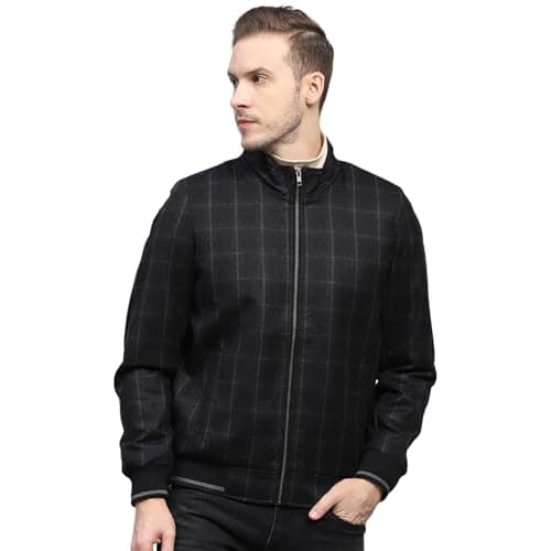 Monte Carlo Mens Black Checked Mock Neck Full Sleeve Coat (223061901-2-42)