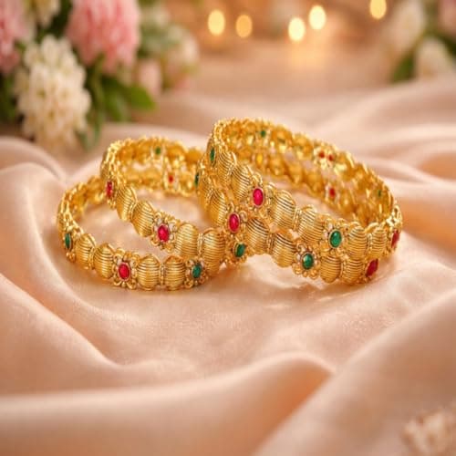 ACCESSHER Gold Plated Pink & Green Artificial Stone-Studded Bangles for women and girls (Set of 4) (2.6) 3