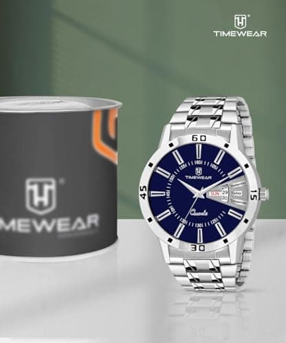 TIMEWEAR Formal Day Date Watch Collection Stainless Steel Analog Men's Watch (Blue Dial Silver Colored Strap) 2