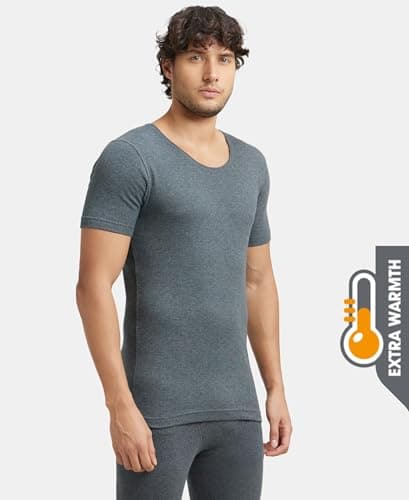 Jockey 2400 Men's Super Combed Cotton Rich Half Sleeved Thermal Undershirt with Stay Warm Technology_Charcoal Melange_M 2