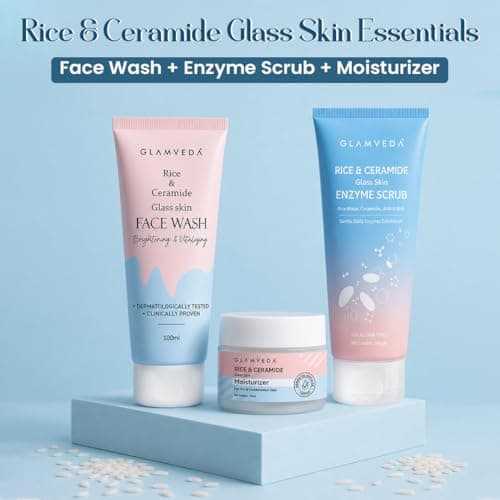 Glamveda Rice & Ceramide Glass Skin Essentials | Face Wash + Enzyme Scrub + Moisturizer Combo | Korean Skincare Routine | Rice Water, Ceramides & AHA BHA | Hydrating & Glow Boosting Kit 2