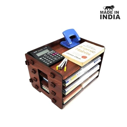 Woodiography Wooden Desk Organiser, 5-Tier File Rack, 37 x 26.5 x 24 cm, Brown, desk organiser for books stationary and other accessories