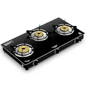 Crompton FlameStar 3 Burner Glass Top LPG Gas Stove | 1 Jumbo & 2 Medium Brass Burner | Max Space | Easy Cleaning | Toughened Glass | Tri Pin Burners | 2 Year Manufacturer's Warranty