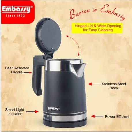 EMBASSY Electric Kettle Stainless Steel 1.8 L | 1000W | Superfast Boiling | Auto Shut-Off | Boil Dry Protection | 360° Rotating Base | 2 YEAR WARRANTY | Black 3