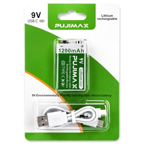 PUJIMAX 9V Rechargeable Lithium Battery 1200mAh — High‑Capacity 1200 Cycles with USB‑C Charger Cable, Long Life, 10‑Year Shelf Life, Reliable Output — 1‑Pack