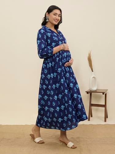 MomToBe Cotton Maternity Feeding Kurti Dress for Women | Pregnancy Dress with Concealed Zippers for Nursing | Comfortable Calf-Length Outfit for Office (Navy Blue, Medium) 3