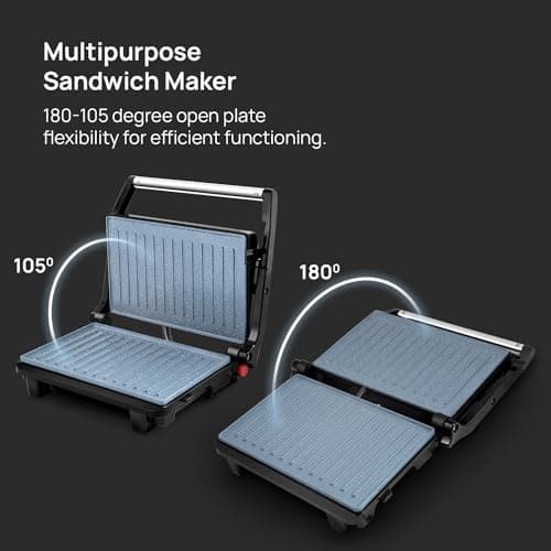 Wipro Elato BS202 1000 Watt Ceramic Grill Sandwich Maker, Scratch Resistant, 180° Open Sandwich Griller, Auto Cutoff, Non Toxic BPA, PTFE & PFOA Free, 2 Year Warranty, Regular Bread Size for 2 Slices 3