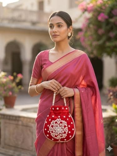 Desi India Potli Bag, Pearl Embellished Floral Drawstring Pouch, Ethnic Style, Round, Women 2