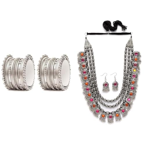 Shining Diva Fashion Women's Oxidised Traditional Bangles (Silver) (10780B_2.6) Oxidised Silver Tribal Necklace Jewellery Set (12164S), Multicolour, One