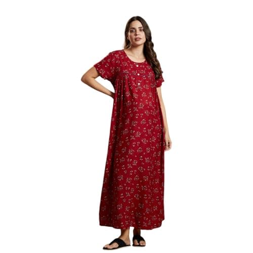MomToBe Women's Cotton Maxi A-Line Nursing Nighty with Zippers for Nursing Pre and Post Pregnancy Scarlet Red Free Size