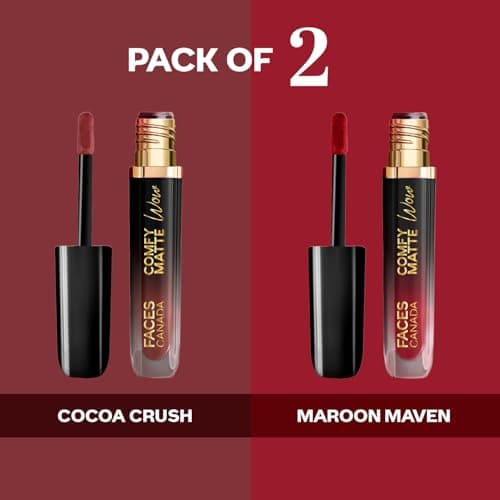 FACES CANADA Comfy Matte Wow Liquid Lipstick - The Bold Edit, (3.8ml x 2) | Cocoa Crush 07 + Maroon Maven 05 | Long Lasting | Matte Finish | Lipstick Combo | Pack of 2 2