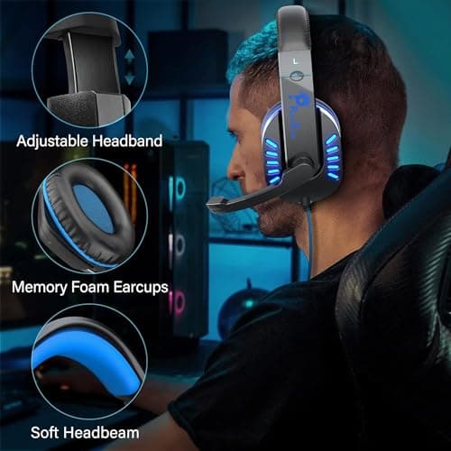 PunnkFunnk VenomHunt Gaming Headset Multi-Platform Compatible with PS4, Xbox One, PC, Nintendo Switch, Mobile, 50mm Surround Sound, Noise-Canceling Mic, LED Lights(Blue) 5