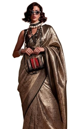 SWORNOF Women's Banarasi silk Saree With Unstitched Blouse Piece (BLACK-1)
