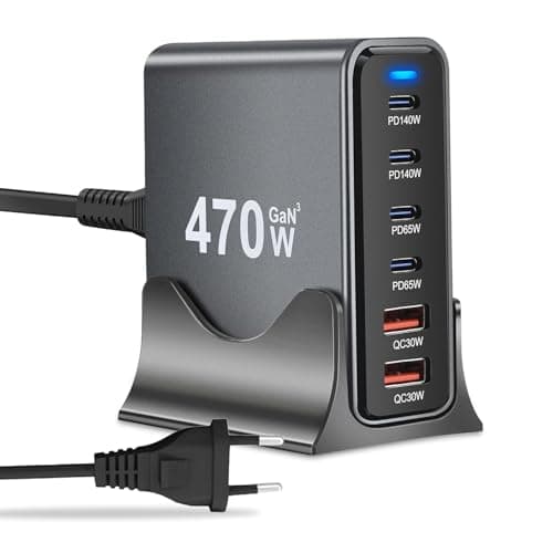 MX 470W USB C Charger Block GaN III USB Desktop Charging Station 6 Port GaN Desktop Charger, USB C Charging Station 140W Type C Laptop Charger Adapter Compatible with MacBook, Tablet & Mobile Phones