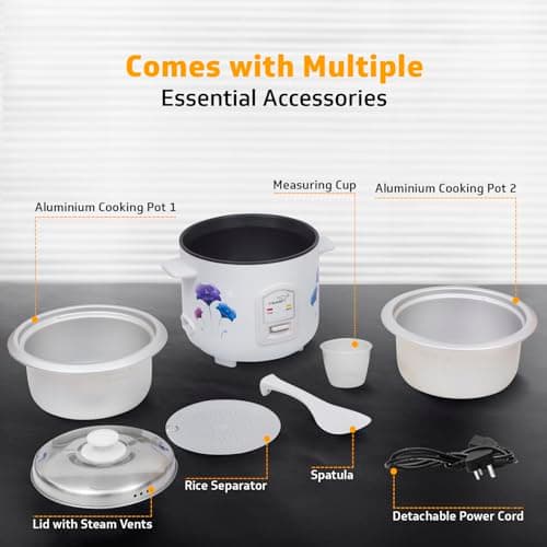 V-Guard VRC 1.0 1-Litre Electric Rice Cooker Small | 400 W Power | 2 Pots, Spatula, Rice Separator | 2-Year Product & 5-Year Heating Plate Coverage by V-Guard 3