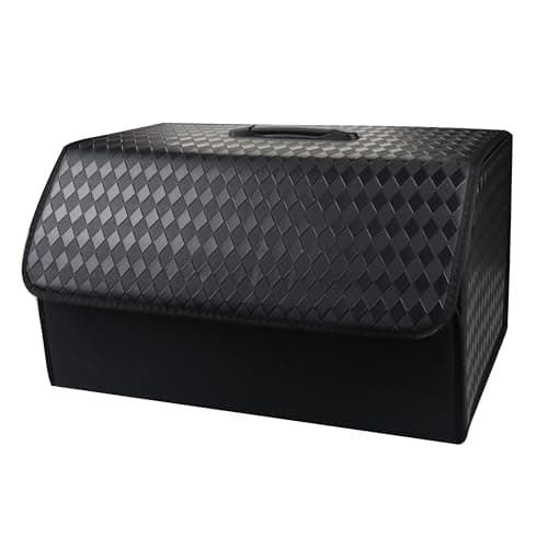 JVCV® Stylish Embossed PU Leather Car Trunk Organizer – Foldable Multipurpose Car Boot Storage Box with Handle Design | Durable & Elegant Car Interior Organizer for Travel (Style A, Black - Large)