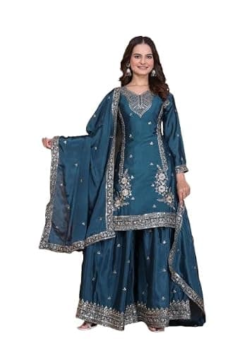 CLOSTYLE Women's Teal Blue Embroidered Sharara Suit Set with Dupatta, Traditional Indian Ethnic Wear, Party Wedding Dress (IN, Alpha, 2XL, Regular)