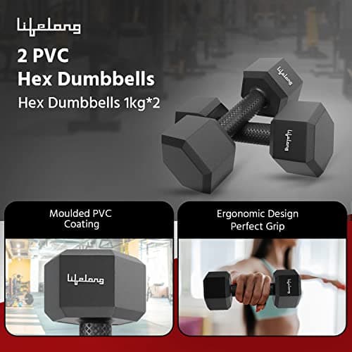 Lifelong PVC Hex Fixed Dumbbells Pack of 2 (1kg*2) Black Color for Home Gym Equipment Fitness Barbell|Gym Exercise|Home Workout, Gym | Weights for Men & Women (6 Months Warranty) 4